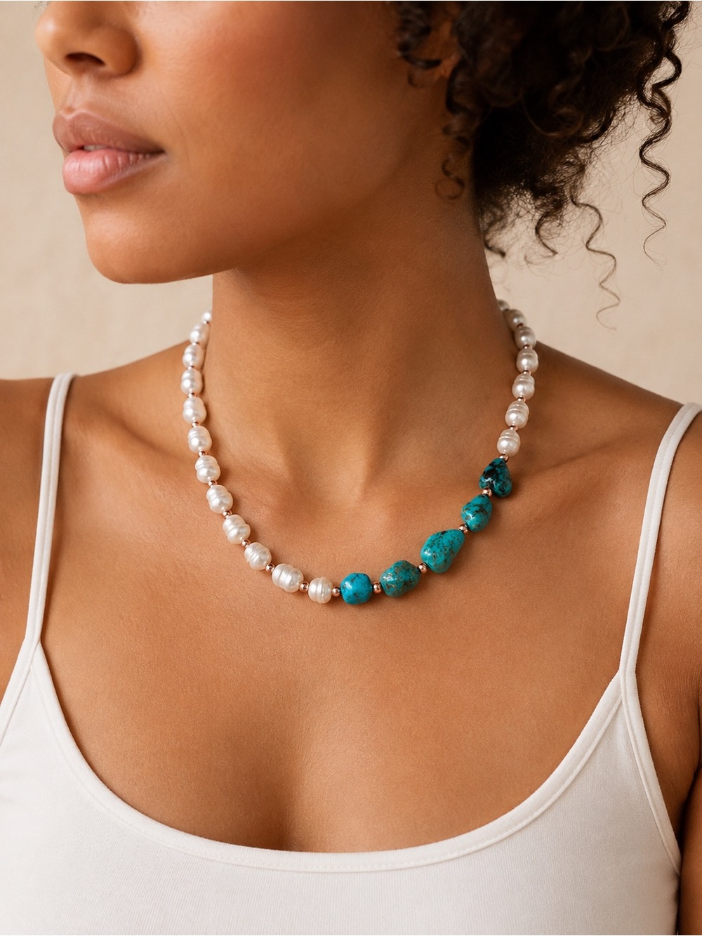 Turquoise & Pearl Artisan Crafted Necklace - Solid Copper Accents & Toggle Clasp